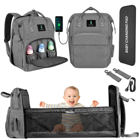 ITACIA Grey Baby Backpack – Chic, Waterproof & Convertible